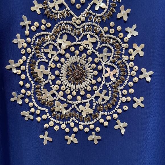 Chico’s Beaded Kaftan Top Coverup S/M | Sheer Blue Resortwear, Embellished Boho - Picture 4 of 8